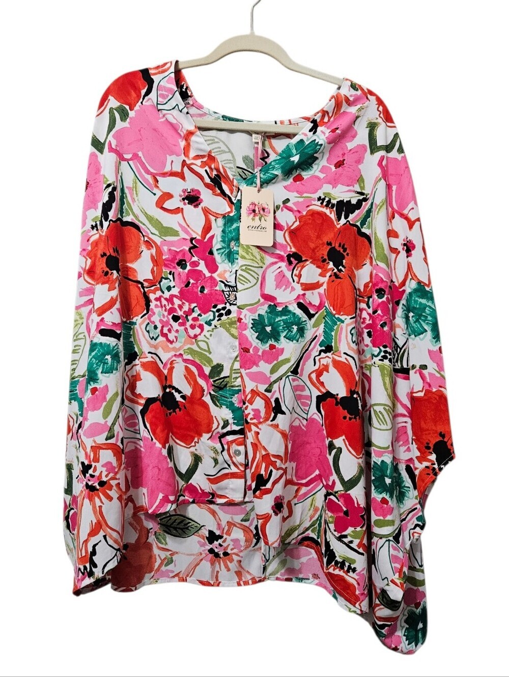 entro Pink and Red Floral Short Sleeve Flowy Lightweight Blouse NEW
